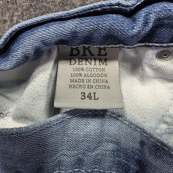 BKE Carter Jeans Mens 34L Blue Light Wash Distressed Straight Leg Patchwork - Picture 7 of 11